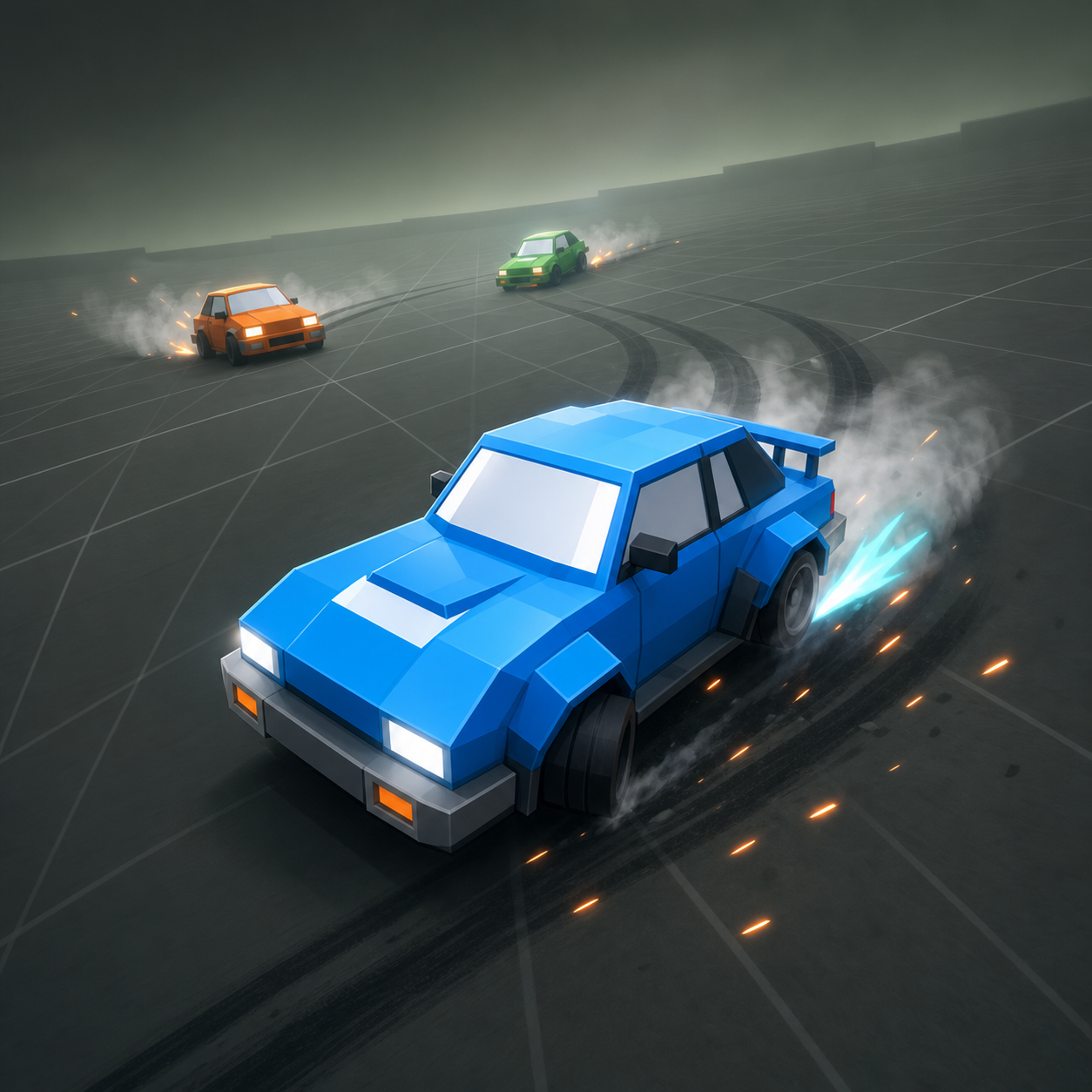 Blue rally car drifting across the Drift Battle grid arena