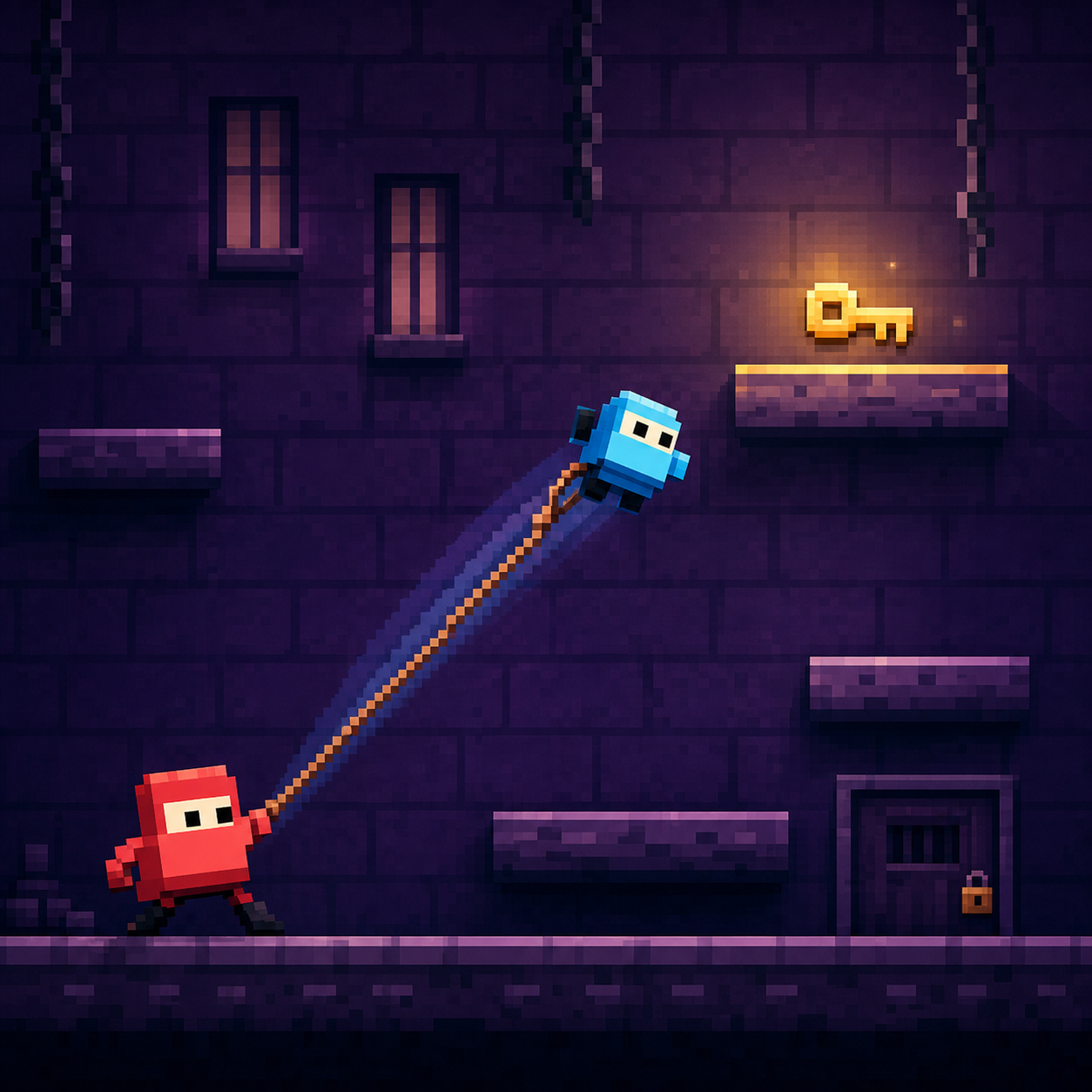 Red bro throwing a tethered blue bro toward a dungeon key